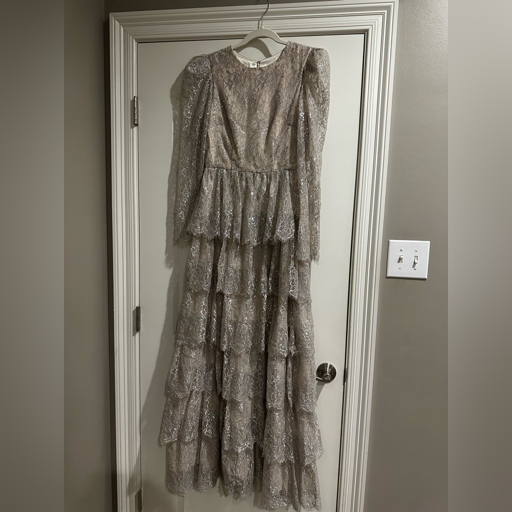 Antonio Melani x Born on 5th Clara Metallic Lace Long Sleeve Tiered Ruffle Dress